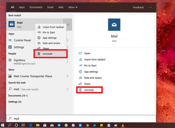 windows 10 delete mail app
