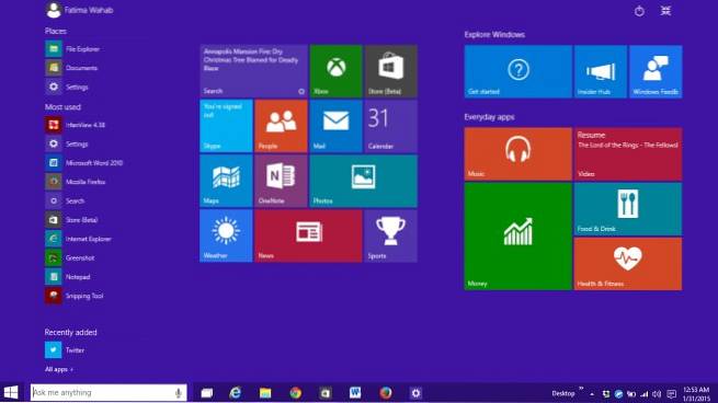 menu de démarrage de windows 10 plein écran