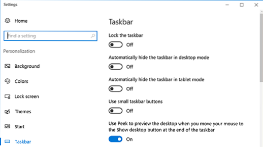 impostazioni del vassoio di Windows 10
