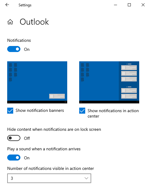 windows 10 slå av Outlook e-postvarsler i handlingssenteret