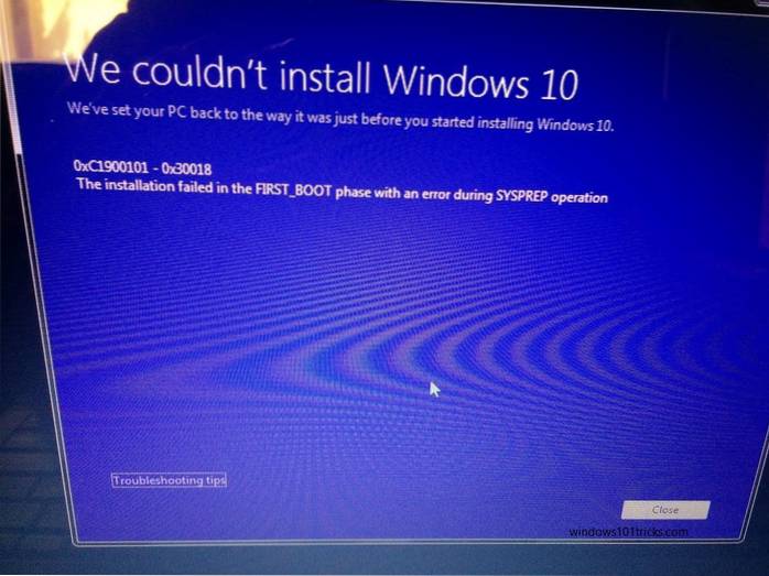aggiornamento di Windows 10 non riuscito nella fase first_boot