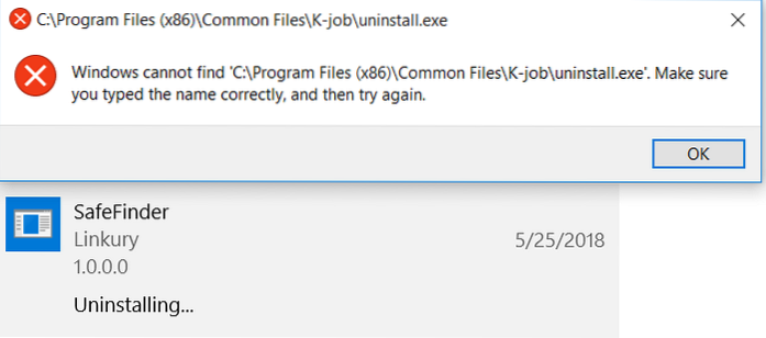 Windows non riesce a trovare la disinstallazione