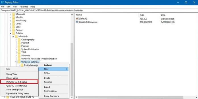 registro do Windows Defender