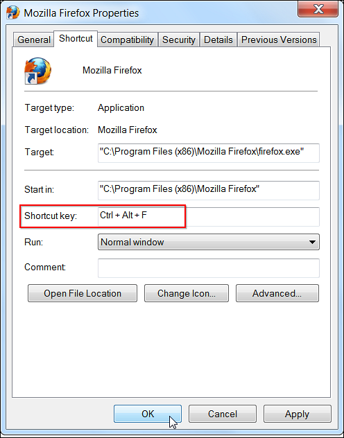 windows shortcut to launch application